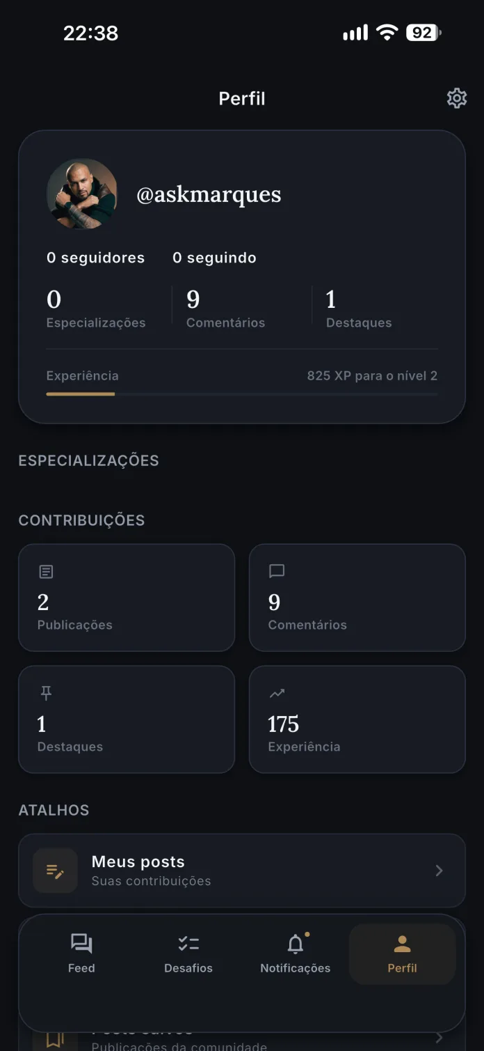 Perfil com publicações, comentários, destaques e a barra de experiência até o próximo nível.
